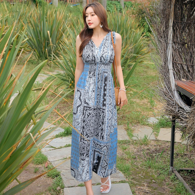 여름 비치원피스 롱 맥시 빅사이즈 민소매 나시 브이넥 스모크 리본 에스닉 페이즐리 리조트 비치웨어 HG131