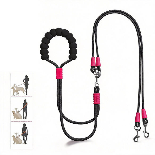 강아지 두마리 동시 산책 리드줄 중소형견 일체형 더블 리드줄 1.8미터 엉킴 방지 산책줄, 1개, 검정색