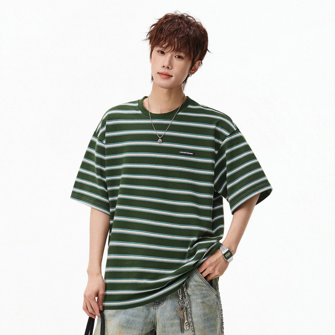 하울맨 남성 빅사이즈 오버핏 스트라이프 라운드넥 반팔티