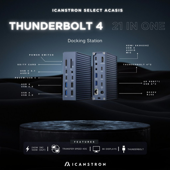 ACASIS Thunderbolt4 Dock USB4.0 21合一 90W 充電擴充座, 1個