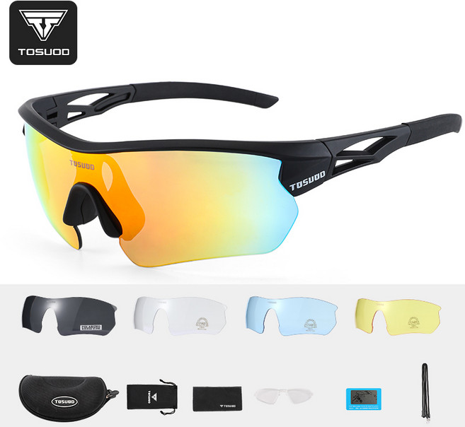 토스오드 1+10 자전거 스포츠 선글라스 편광 자외선차단 방풍 고글 도수 클립 교체형 렌즈, 1세트, 블랙