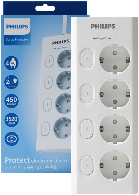 필립스 맥스 서지보호멀티탭 고용량 개별스위치 고속충전, 1개, 화이트 4구 CHP6740WA, 2m