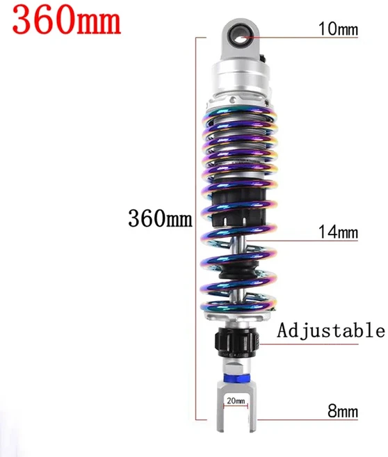 270mm - 360mm 여러 크기 혼다 야마하 가와사키 스즈키 리어 서스펜션 용 오토바이 리어 조정 댐핑 충격 흡, 01 360mm Multicolor F