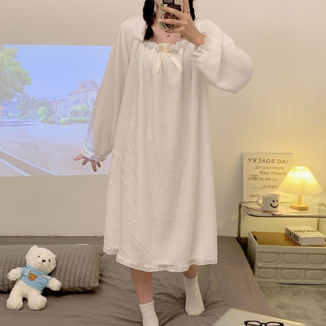 야오야오 여성용 리본 레이스 소매밴딩 극세사 원피스 수면잠옷