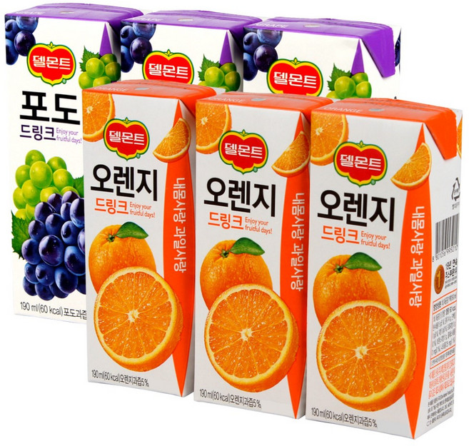 델몬트 드링크 190ml (오렌지x24팩) + (포도x24팩), 48개