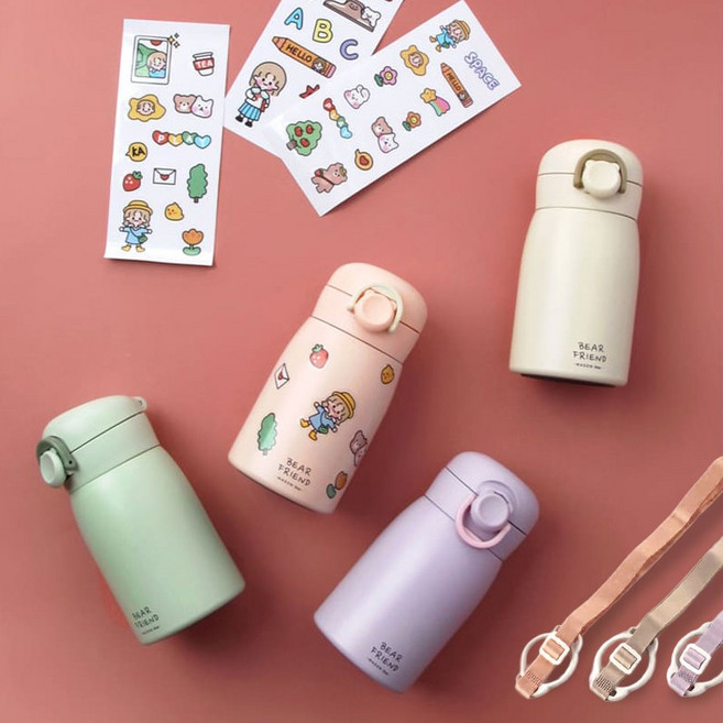 카밀리아 어린이 휴대용 보온 보냉 텀블러 물병+스티커+스트랩, 그린 350ml, 1개