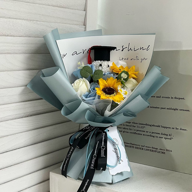畢業花束 向日葵小熊永生花束, 天藍色送禮物袋, 1件