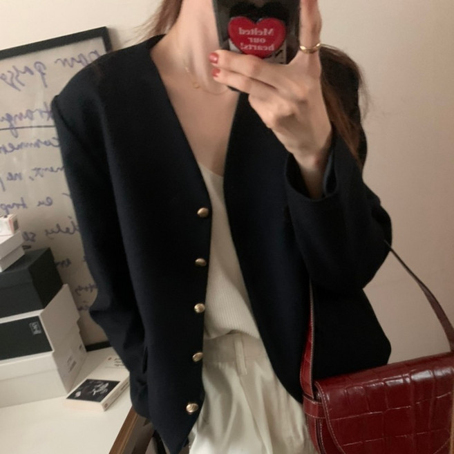 예쁨시전 싱글 루즈핏 브이넥 간절기 긴팔 가디건 정장 자켓