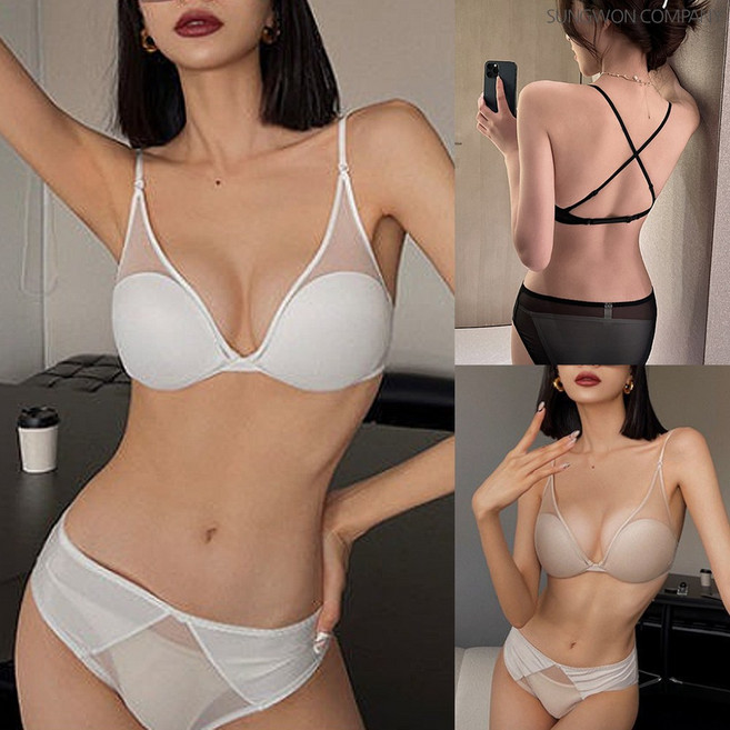 이너퀸 프리수 여성용 노와이어 매쉬 백리스 백 스트랩 반전 뒷태 X자 크로스 밴드 끈 망사 시스루 브라렛 브라 탑 삼각 팬티 세트 제이미매쉬브라세트