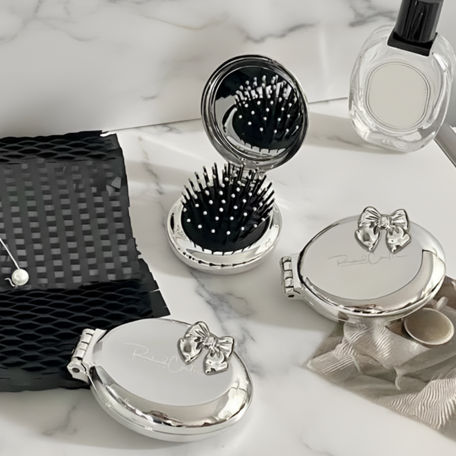 리본 포인트 접이식 휴대용 미니 빗 거울 일체형 헤어브러시, 1개, 실버