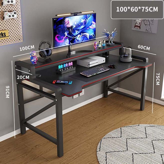 TixPra 카본 게이밍 컴퓨터 책상 1000 1200 모니터 받침대 선반 일체형 1인용 철제 데스크, 검은색