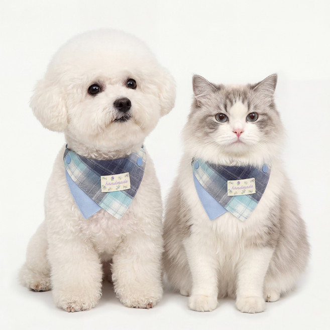 강아지 케이프 고양이 스카프 반려동물 스카프 소형견 체크 턱받이, 1개, 블루