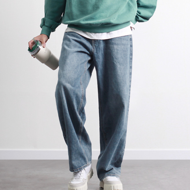 투뎃 남성용 프리미엄 캣워싱 와이드 데님 팬츠