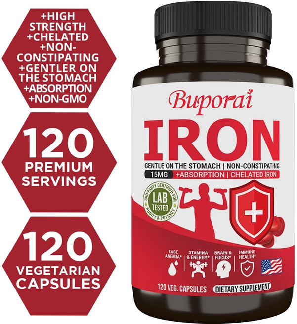 철분 15mg 보충제 - 킬레이트화 위장에 부담 없고 변비 유발 없음 (120정 식물성 캡슐), 1개, 60정