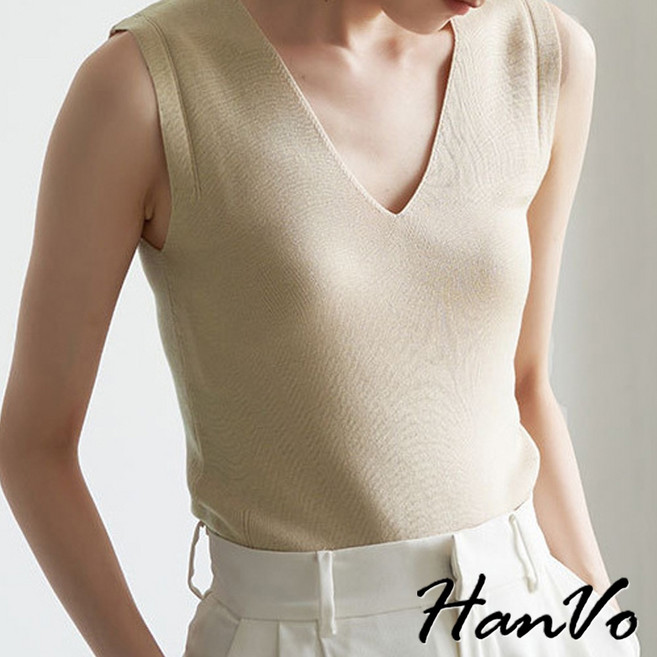 HanVo 簡約時尚V領針織背心 彈性佳休閒百搭春秋上衣 韓系女裝女生衣著 A01-0288