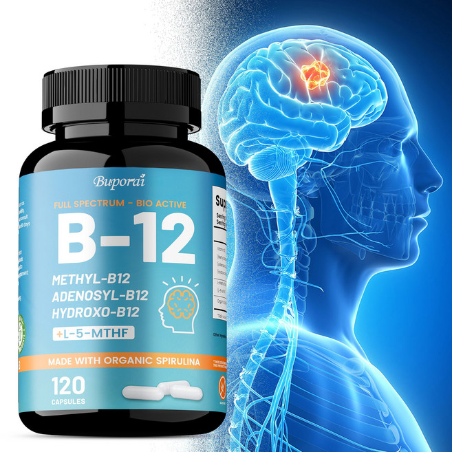 비타민 B12 복합체 아데노실코발라민 및 유기 스피루리나로 만든 천연 하이드록시비타민 B12 5-MTHF., 3개, 120정