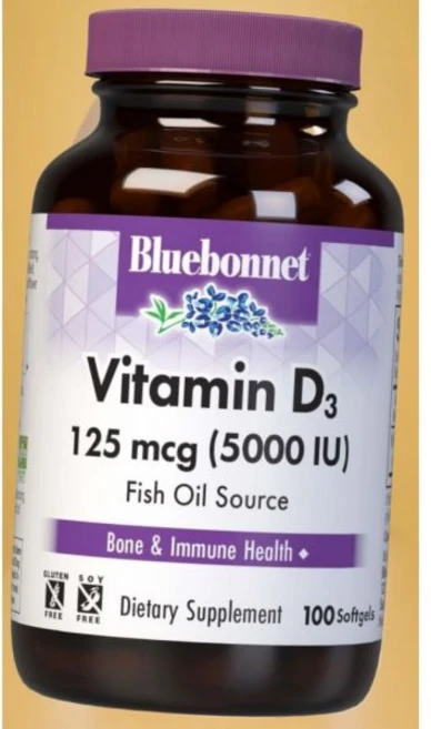 면역력 높이 영양제 비타민D 완화 블루본넷 뉴트리션 비타민D3 5000 U 소프트젤 근육 골격 성장 지원 어유에서 추출한 콜레칼시페롤 비유전자변형 대두 유제품 노란색 100개입, 1개, 100정 - 쿠팡