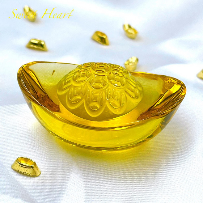 Sweet Heart 田芯開運精選 金元寶 水晶 招財進寶 擺飾, 5.8公分 財源滾滾黃琉璃元寶一入