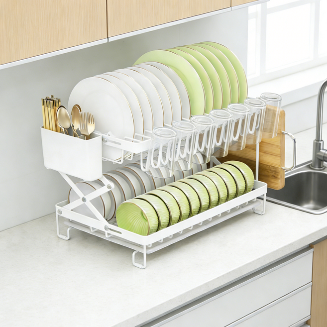 CABICO 리프트 가능 주방 그릇 선반 건조대 다용도 수저 수납 선반 주방 테이블 선반 그릇 컵 칼꽂이, 1개, 화이트