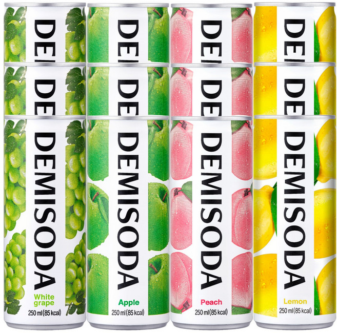 동아 데미소다 탄산캔음료 4종 각 3개씩 혼합(애플+청포도+레몬+복숭아), 12개, 250ml