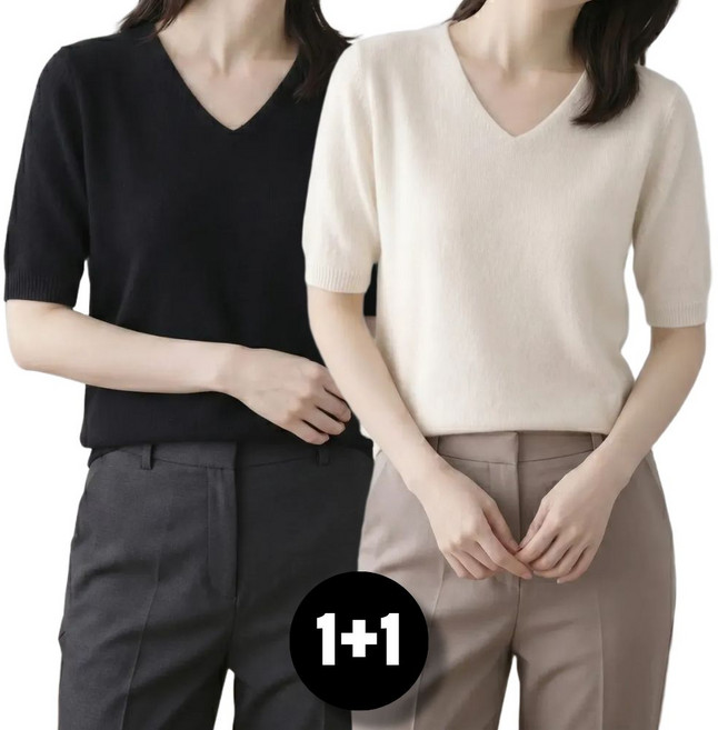 데일리핏샵 여성 봄 니트 반팔 티 브이넥 데일리 5부 소프트 티셔츠 2종 세트