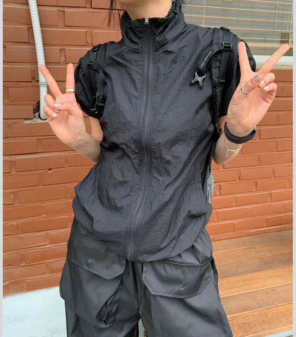 AOKADA 여성 카라 집업 반팔 바람막이 자켓 아노락 스트링 점퍼