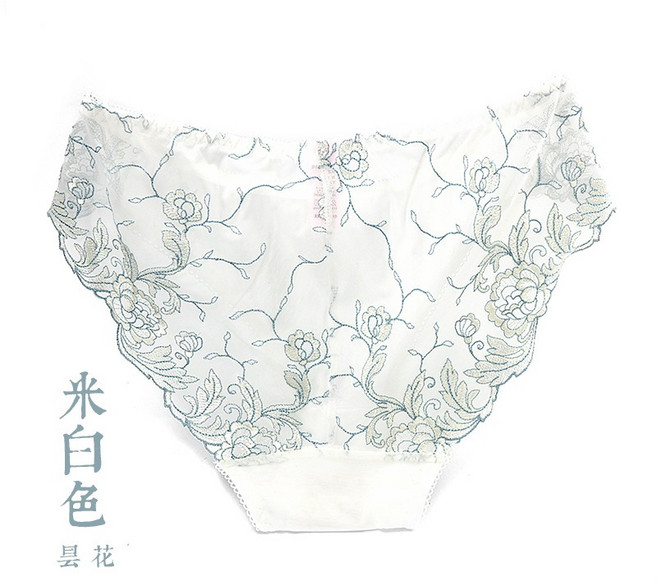 林柏刺繡蕾絲柔軟彈力女內褲性感低腰情趣三角褲, 米白色(曇花)