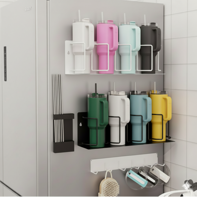 생활대가 자석부착 스탠리 호환 텀블러 거치대 4구 벽걸이 컵정리대, 1개, 화이트