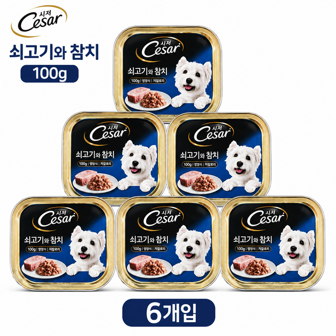 굿픽샵 시저 쇠고기와 참치 강아지 습식사료 40g 6개 반려견 간식 고급사탕증정, 100g, 소+참치