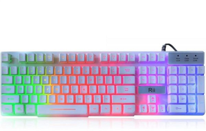 Rii RK100+ 화이트 게이밍 키보드 USB 유선 다양한 색상 무지개 LED 백라이트 대형 기계식 느낌 울트라 슬림 멀티미디어 사무실 키보드 미끄럼 방지 프라이머 게임 및, 1개