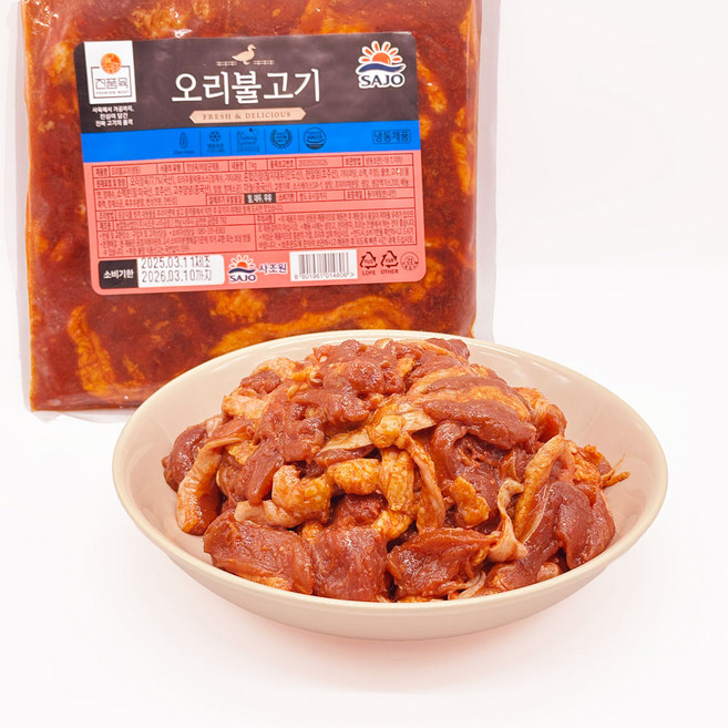 국내산 오리고기 사조 오리불고기 3kg [냉동] (1kg 개별포장), 3개, 1kg