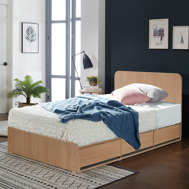 (매트포함)보루네오 국내생산 LED 멀티수납 통서랍 플릭 침대+독립스프링 유로탑 매트리스, 03.오크