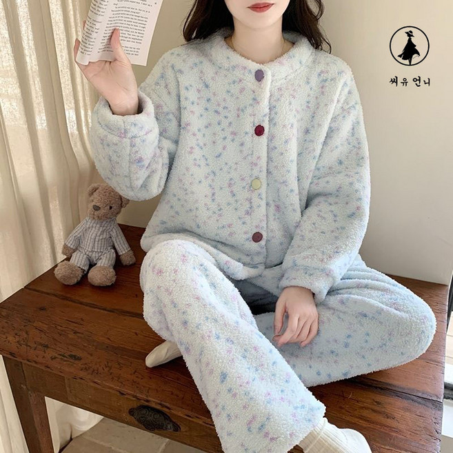 여성 겨울 라운드 극세사 수면잠옷 세트 부드러운 따뜻한 홈웨어 파자마 상하의