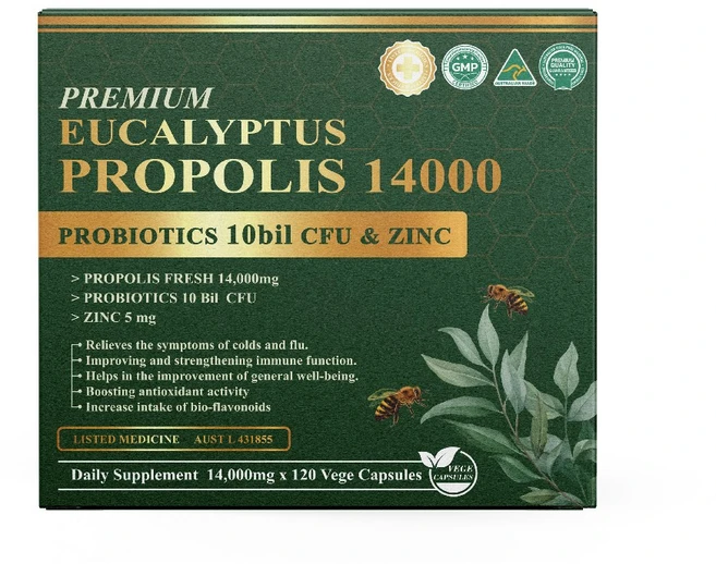 프리미엄 유칼립투스 프로폴리스 14000 프로바이오틱스 아연 PREMIUM EUCALYPTUS PROPOLIS 14000 PROBIOTICS 10 Bil ZINC 120cap, 1개, 120정 - 쿠팡
