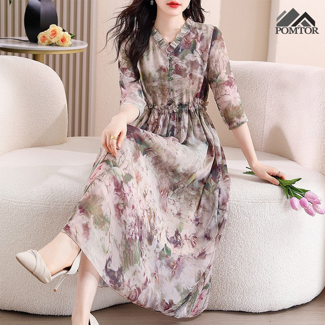 POMTOR 여성 쉬폰 롱원피스 플라워 원피스 빅사이즈 프린팅 치마