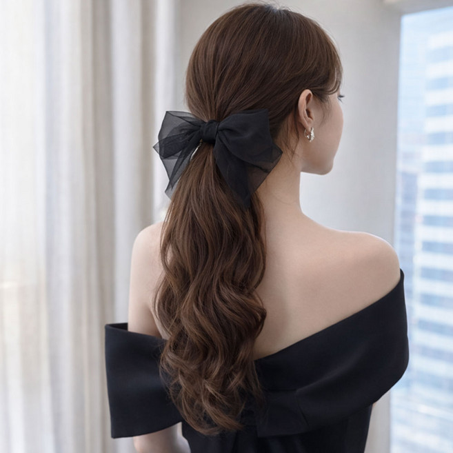 모람 자연스러운 웨이브 포니테일 집게 가발 대왕 리본핀 포함, 1개, 내추럴브라운