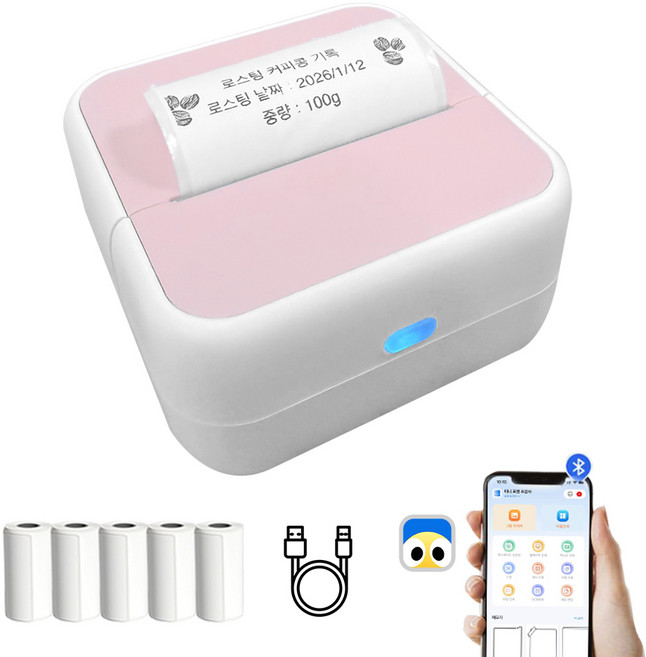 FDUCE S1 미니 포켓 프린터 감엳 라벨기 + 접착 라벨지 5개입, 1개, 핑크