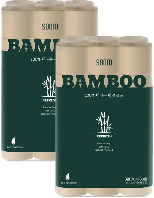 숨 대나무 천연펄프 화장지 3겹, 2개, 30롤, 30m - 쿠팡