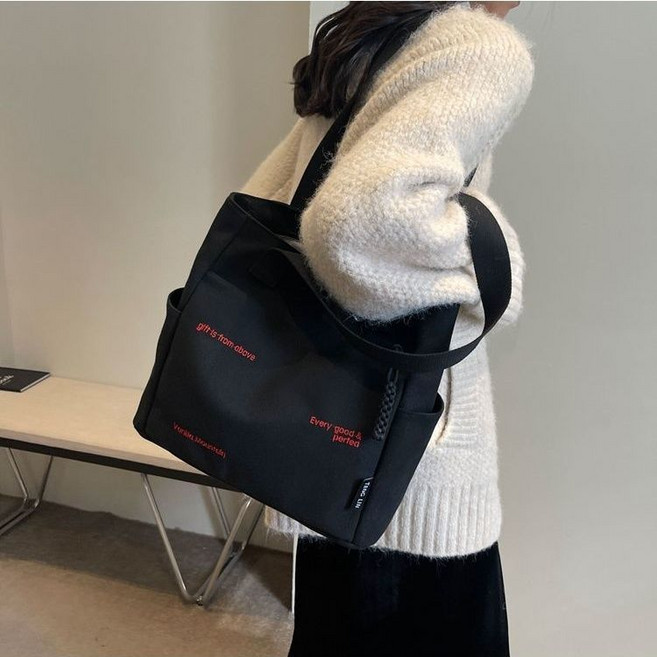 帆布包包 大容量 簡約 休閒 單肩托特包, 1個, 黑色加厚帶內襯款