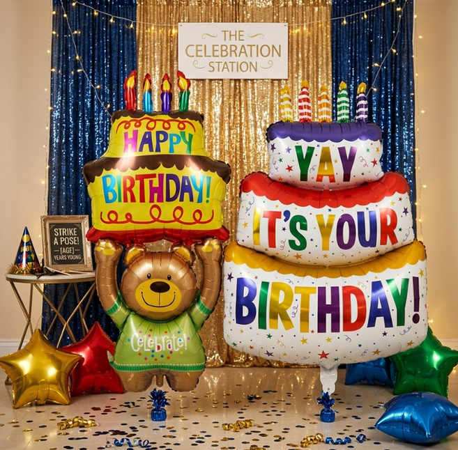 홈베리카 생일축하 대형 곰돌이 풍선 케이크 풍선, 1세트, 곰돌이+케이크