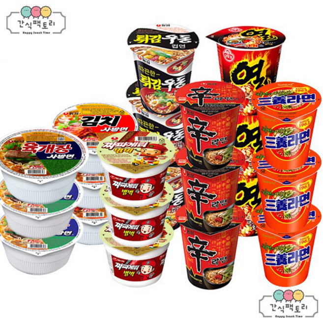 [간식팩토리] 김치사발면3개+육개장사발면3개+신라면 소컵3개+튀김우동 소컵3개+짜파게티범벅3개+열라면 소컵3개+삼양라면 소컵3개, 1개