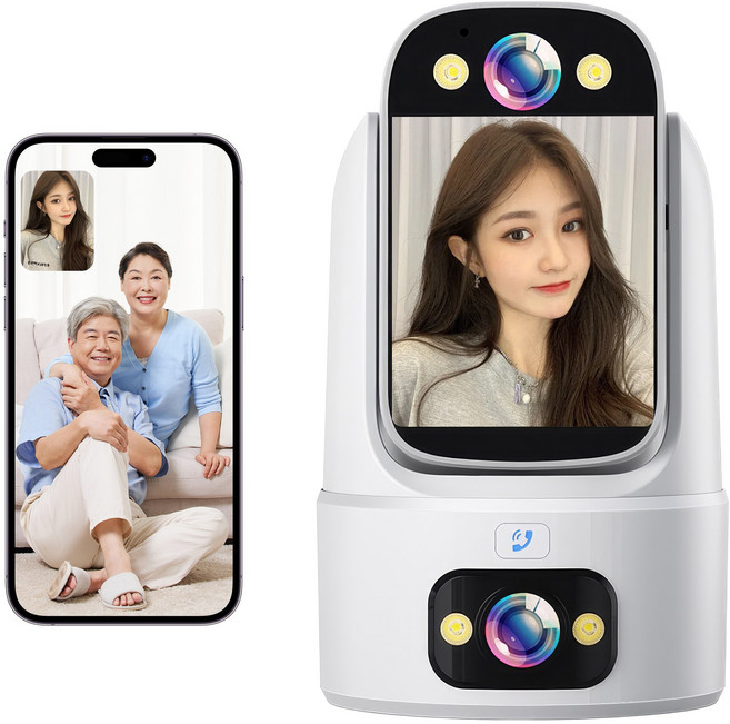 RUN기술 스마트 AI Wi-Fi 홈캠 듀얼 렌즈 360도 회전형 양방향 영상통화 카메라, 화이트