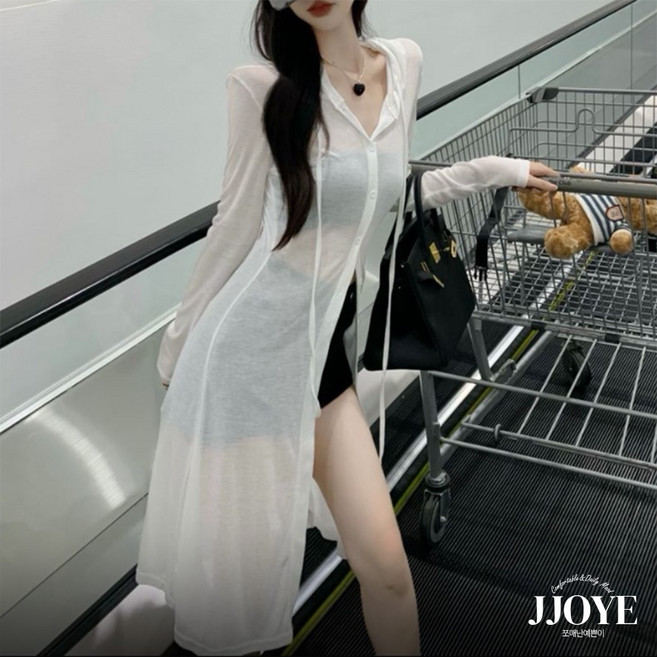 쪼예 ~여름까지 자외선차단 슬림핏 롱 후드 시스루 얇은 가디건