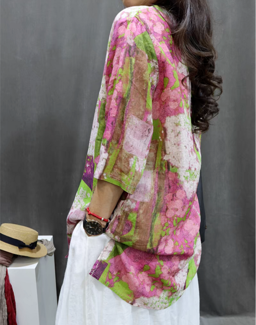 빈티지 레트로 플로럴 브이넥 긴 블라우스 루즈핏 여성용 봄/여름 고급 셔츠