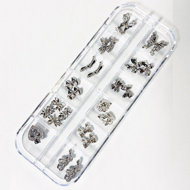 블링 리본 큐빅 젤 네일 파츠 12칸 세트 실버 골드 믹스 네일아트 데코 파츠, 1개, 실버리본+크리스탈 파츠믹스 2번