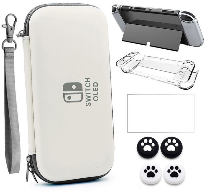 LEPOID 스위치 수납 파우치 + HD 강화 유리 보호 필름 세트 Switch OLED, 화이트+케이스포함, 1세트, lpsw2021