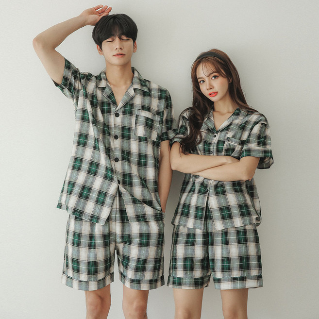 글램공감 하프 에덴 반팔 투피스 체크 홈웨어 커플잠옷 세트