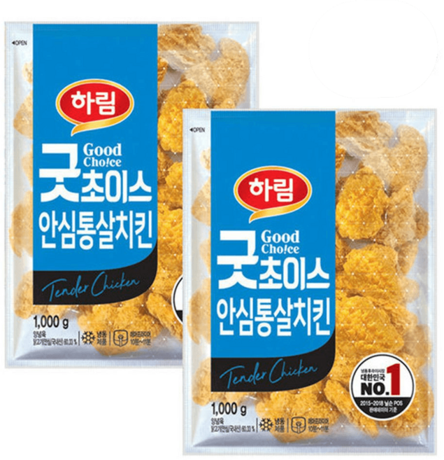 하림 굿초이스 안심 통살치킨 1kg 2봉 야식 안주 간식 자취생 에어프라이어 냉동식품 윙 봉 닭다리살, 2개