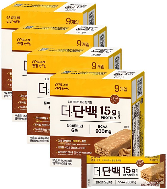 빙그레 더단백 단백질바 프로틴 크런치바 피넛버터(40g 9개입), 360g, 4세트
