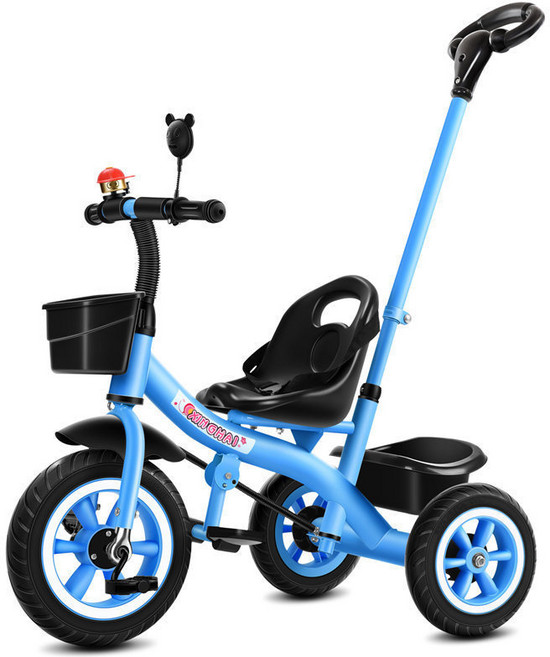 DIU 兒童三輪車1-3-2-6歲大號寶寶嬰兒手推車腳踏自行車生日禮物, 1個, 藍色頂配鈦空輪帶推把:如圖